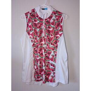 PGA Tour Polo Shirt Womens Size Large White Watermelon Print Back Split Sporty